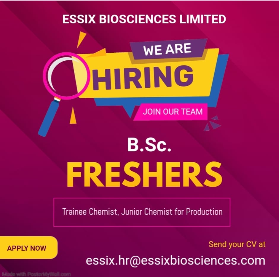 B.Sc FRESHERS Required At Essix Biosciences Limited