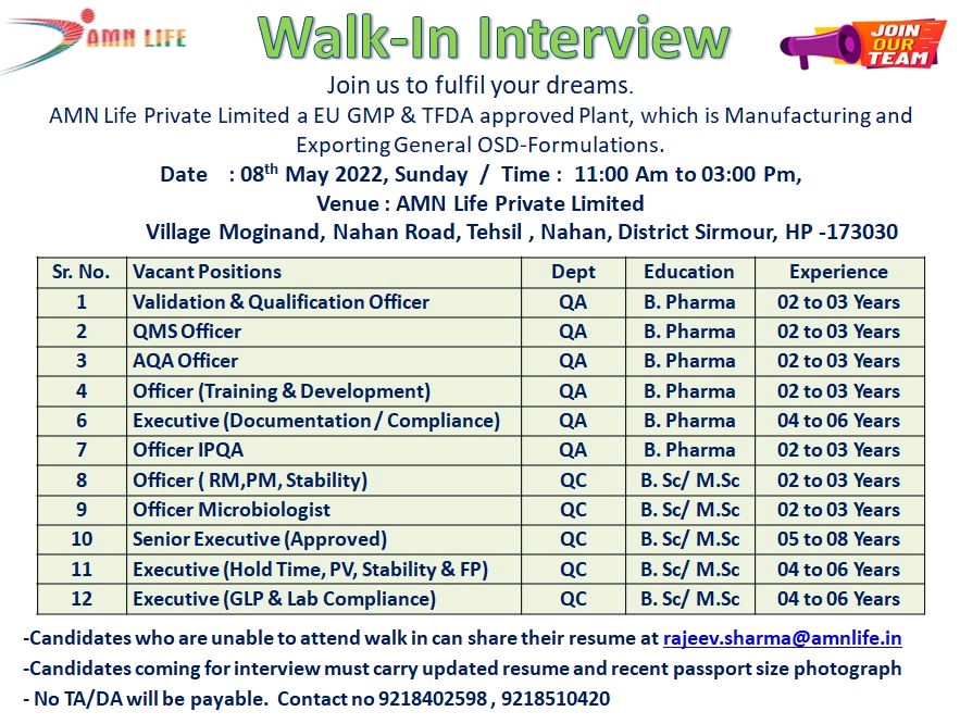 AMN Life Science Walk-In Interview On 08th May 2022 For B.Pharm,B.Sc,M.Sc Multiple Positions - Unable To Attend Mail Resume