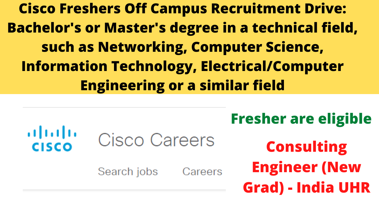Cisco Freshers Off Campus Recruitment Drive: Bachelor's or Master's degree in a technical field, such as Networking, Computer Science, Information Technology, Electrical/Computer Engineering or a similar field