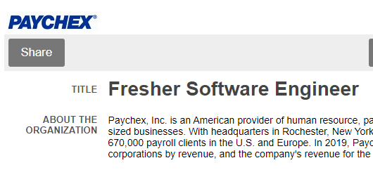 Paychex 2020,2021,2020 Freshers Software Engineer Recruitment Drive | BE / BTech, ME/MTech & MCA in Computers Only with cut-off 65% (No Backlogs)