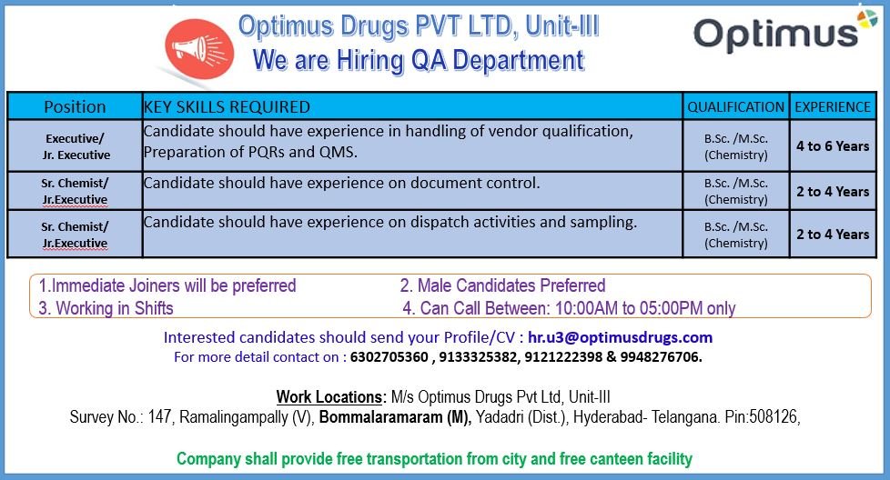 Call / Email Resume To HR : Optimus Drugs Released Multiple Positions