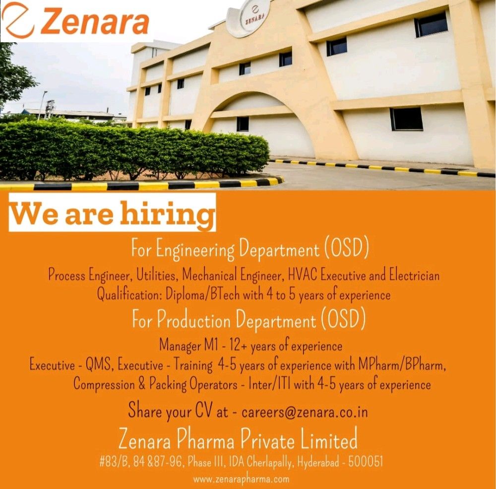 Zenara Pharma Pvt. Ltd Urgent Openings For Engineering,Production Dept