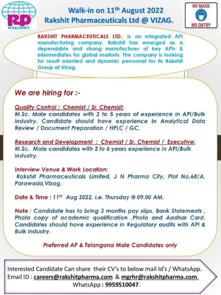 Rakshit Pharmaceuticals Walk In On 11th Aug 2022 - Interested Candidates Whatsapp/ Email Resume